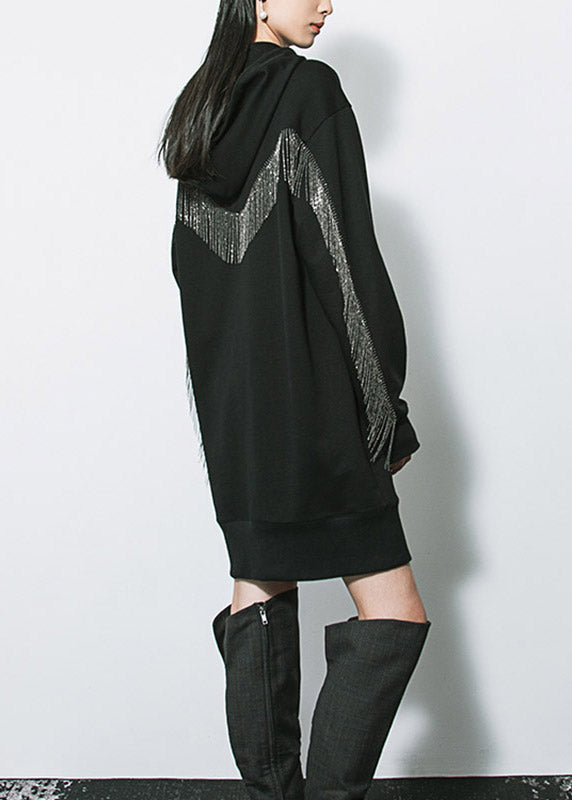 Plus Size Black Patchwork Tassel Cotton Hooded Mid Dresses Fall