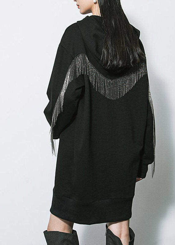 Plus Size Black Patchwork Tassel Cotton Hooded Mid Dresses Fall
