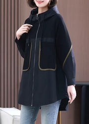 Plus Size Black Patchwork Zippered Pockets Hooded Coats Long Sleeve