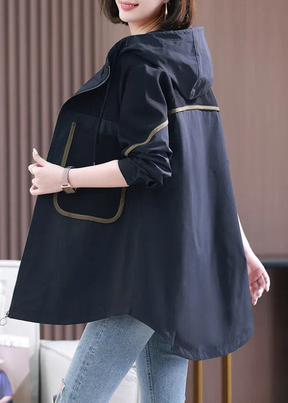 Plus Size Black Patchwork Zippered Pockets Hooded Coats Long Sleeve