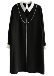 Plus Size Black Peter Pan Collar  Button Spring Long Dresses - SooLinen