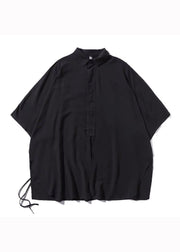 Plus Size Black Peter Pan Collar Lace Up Patchwork Cotton Shirts Bracelet Sleeve