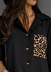 Plus Size Black Peter Pan Collar Leopard Print Cotton Blouse Tops Long Sleeve