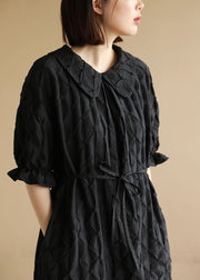 Plus Size Black Peter Pan Collar Original Design Plaid Holiday Dress Short Sleeve