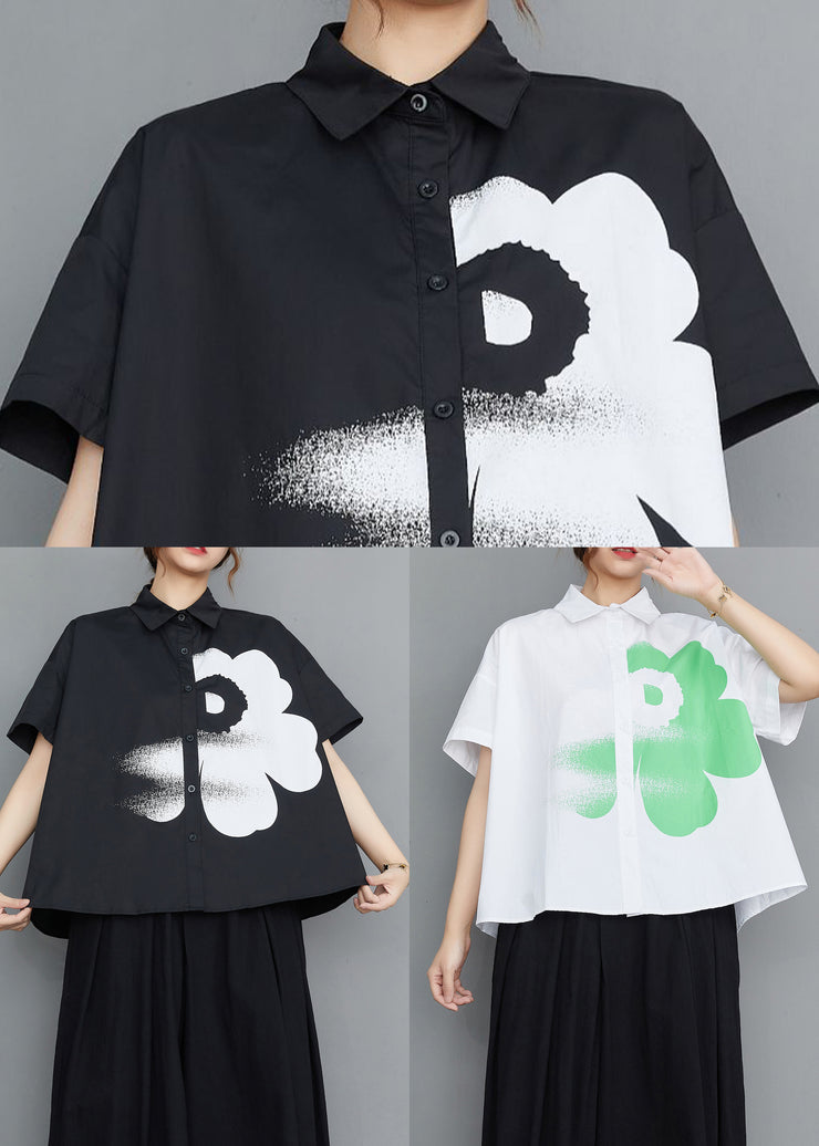 Plus Size Black Peter Pan Collar Print Cotton Shirt Tops Summer