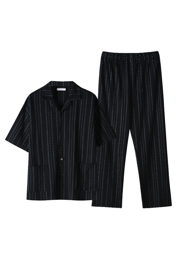 Plus Size Black Peter Pan Collar Striped Button Cotton Pajamas Two Piece Set Summer