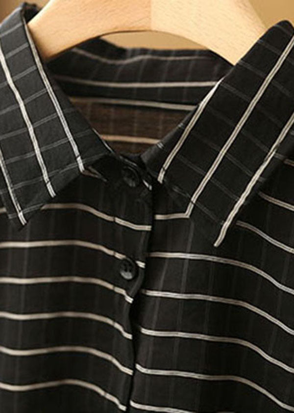 Plus Size Black Peter Pan Collar Striped Pockets Drawstring Blouse Top Short Sleeve