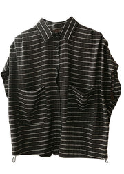 Plus Size Black Peter Pan Collar Striped Pockets Drawstring Blouse Top Short Sleeve