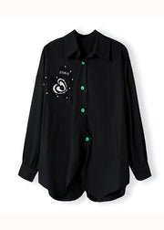Plus Size Black Peter Pan Collar Zircon Patchwork Cotton Shirts Top Fall