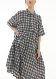 Plus Size Black Plaid Button Cotton Maxi Dresses Summer