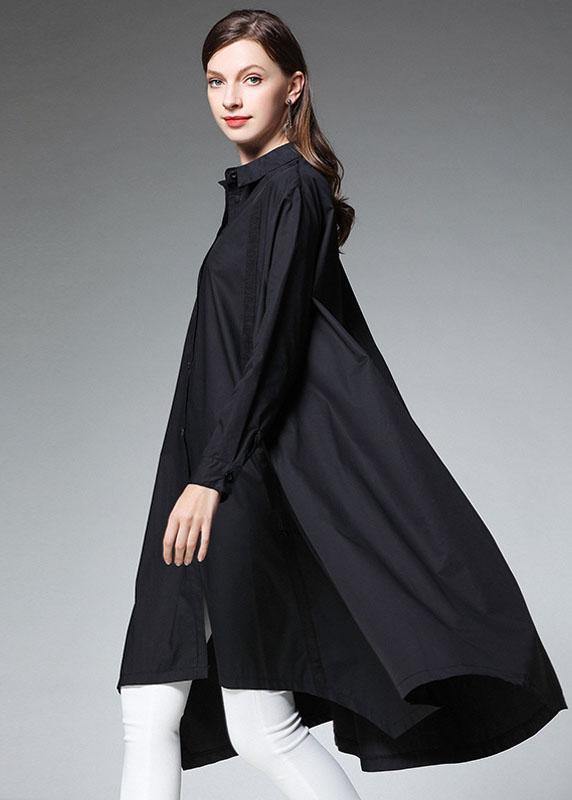 Plus Size Black Pockets Asymmetrical Design Fall Cotton Long Shirts Long sleeve - SooLinen