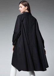 Plus Size Black Pockets Asymmetrical Design Fall Cotton Long Shirts Long sleeve - SooLinen
