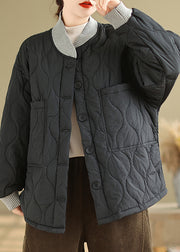 Plus Size Black Pockets Button Fine Cotton Filled Jacket Winter
