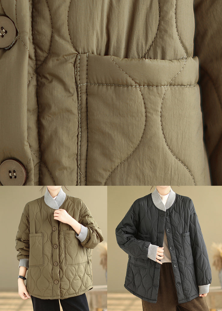 Plus Size Black Pockets Button Fine Cotton Filled Jacket Winter