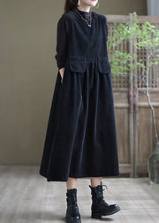 Plus Size Black Pockets Cord Robe Kleider ärmellos