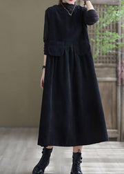 Plus Size Black Pockets Corduroy Robe Dresses Sleeveless