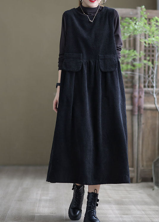 Plus Size Black Pockets Corduroy Robe Dresses Sleeveless