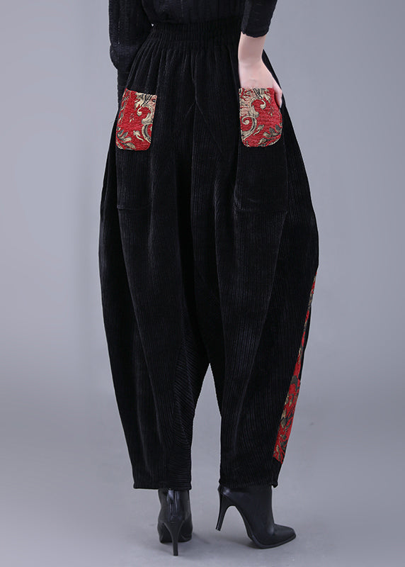 Plus Size Black Pockets Embroidered Corduroy Lantern Pants Fall
