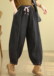 Plus Size Black Pockets Patchwork Warm Fleece Denim Pants Winter
