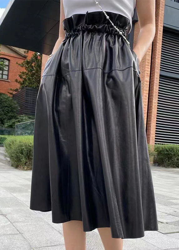 Plus Size Black Pockets wrinkled Patchwork Sheepskin Fall Skirt