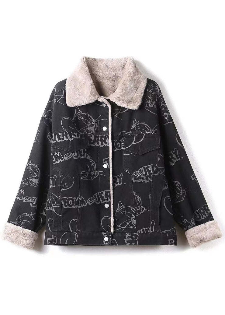 Plus Size Black Print Button Patchwork Warm Fleece Coat Winter