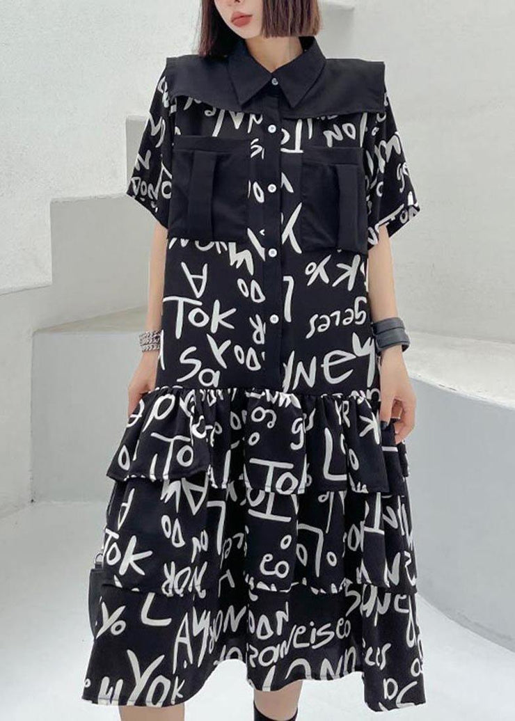 Plus Size Black Print Patchwork Peter Pan Collar Robe Dresses Summer - SooLinen