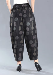 Plus Size Black Print Taschen Elastische Taille Laterne Jeanshose Herbst