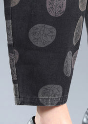 Plus Size Black Print Pockets Elastic Waist Lantern Denim Pants Fall