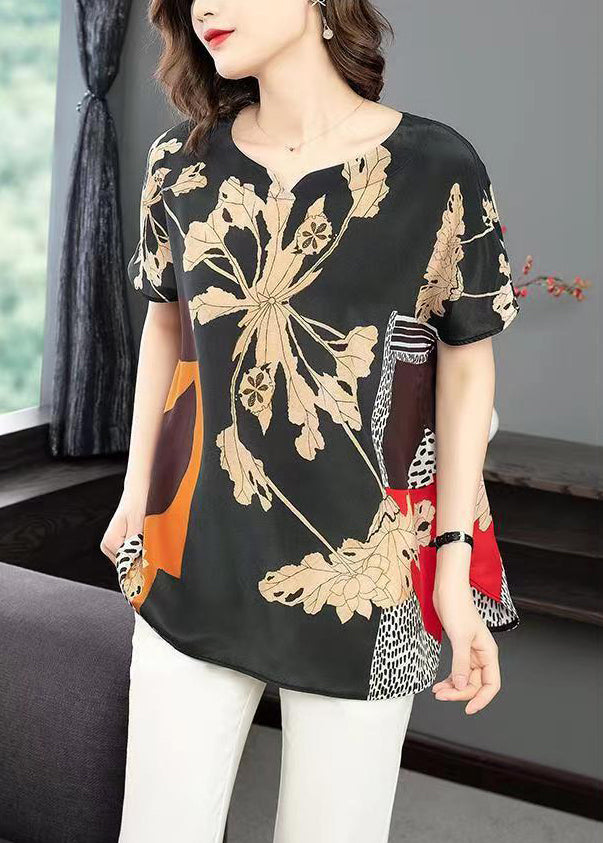 Plus Size Black Print Side Open Patchwork Silk T Shirt Summer