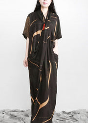 Plus Size Black Print Tencel Asymmetric Dress - SooLinen