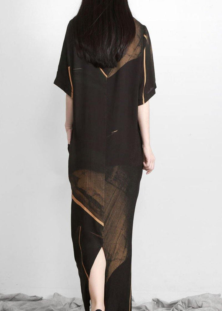 Plus Size Black Print Tencel Asymmetric Dress - SooLinen