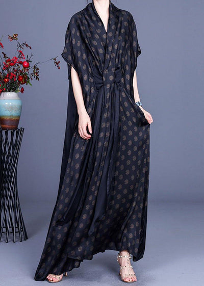 Plus Size Black Print V Neck asymmetrical design Silk Vacation Dresses Summer - SooLinen