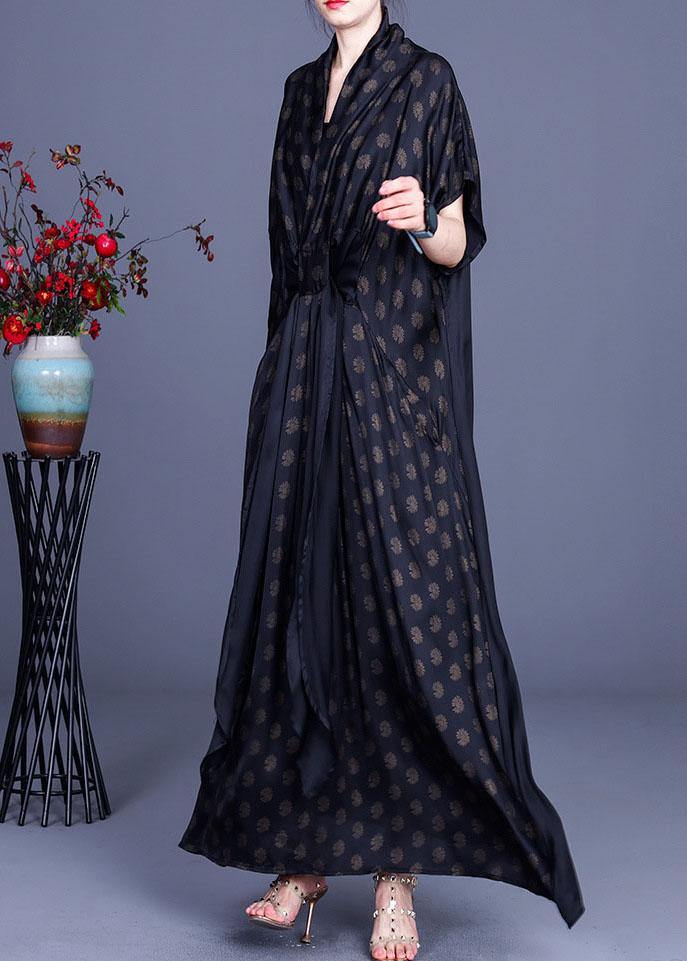 Plus Size Black Print V Neck asymmetrical design Silk Vacation Dresses Summer - SooLinen