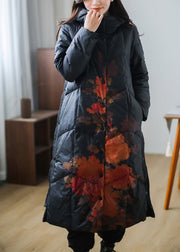 Plus Size Black Print Warm Fleece Thick Duck Down Long Down Coat Winter