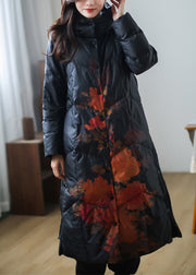 Plus Size Black Print Warm Fleece Thick Duck Down Long Down Coat Winter