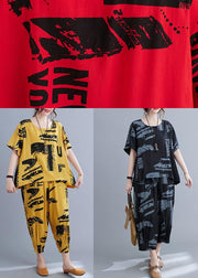 Plus Size Black Print crop pants Two Pieces Set Summer - SooLinen