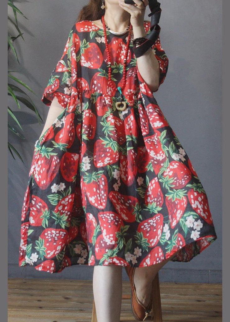 Plus Size Black Print strawberry High Waist Long Dresses Summer Linen - SooLinen