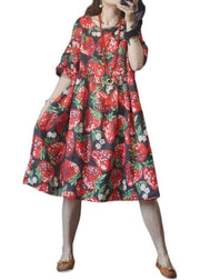 Plus Size Black Print strawberry High Waist Long Dresses Summer Linen - SooLinen