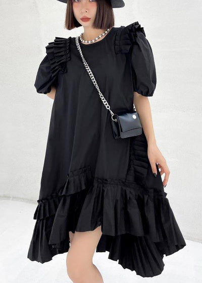 Plus Size Black Puff Sleeve asymmetrical design Ankle Dress Summer - SooLinen