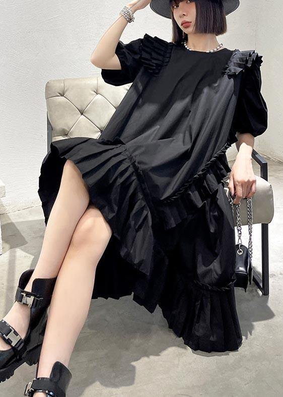 Plus Size Black Puff Sleeve asymmetrical design Ankle Dress Summer - SooLinen