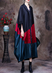 Plus Size Black Red Green Patchwork Low High Design V Neck Button Trench Coat Long Sleeve