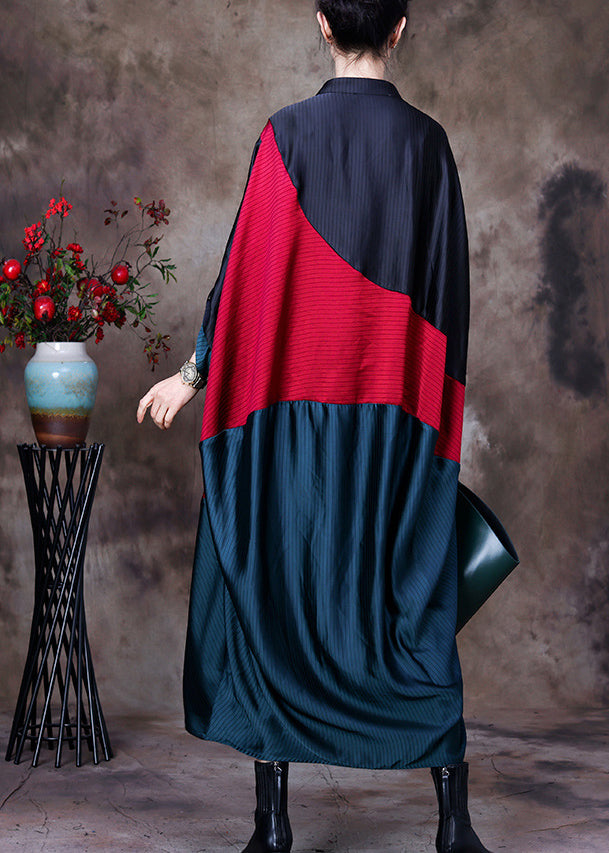 Plus Size Black Red Green Patchwork Low High Design V Neck Button Trench Coat Long Sleeve