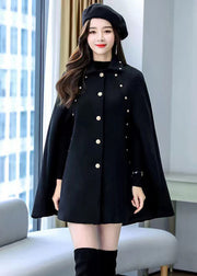 Plus Size Black Rivet Button Thick Woolen Cape Coat Sleeveless