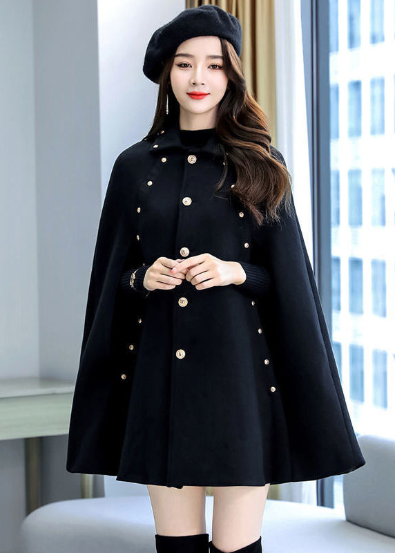 Plus Size Black Rivet Button Thick Woolen Cape Coat Sleeveless