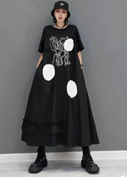 Plus Size Black Ruffled Patchwork Dot Print Cotton Streetwear Dresses Short Sleeve