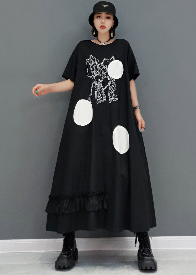 Plus Size Black Ruffled Patchwork Dot Print Cotton Streetwear Dresses Short Sleeve