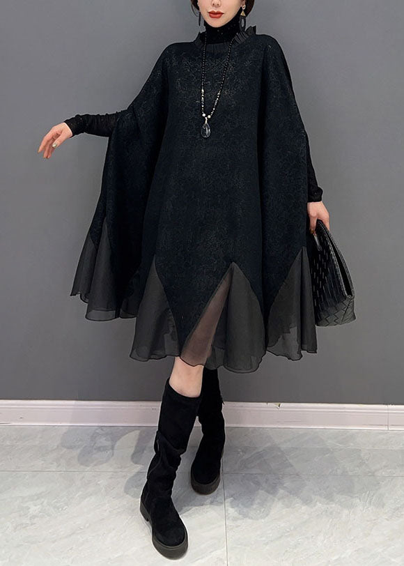 Plus Size Black Ruffled Patchwork Organza Dress Batwing Sleeve