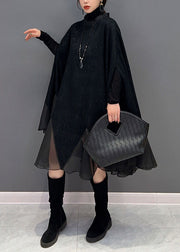 Plus Size Black Ruffled Patchwork Organza Dress Batwing Sleeve