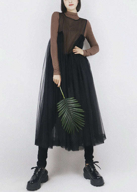 Plus Size Black Ruffled Patchwork Tulle Vacation Dresses Sleeveless