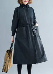 Plus Size Black Ruffled Pockets Patchwork Cotton Trench Coats Fall